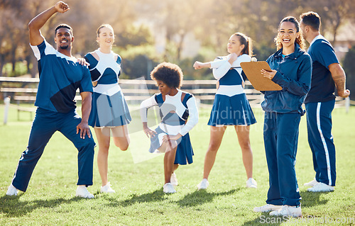 Image of Cheerleader, coach portrait or cheerleading team with support, hope or faith in strategy on field. Sports mission, fitness or cheerleading group in stretching warm up together by happy woman outdoors