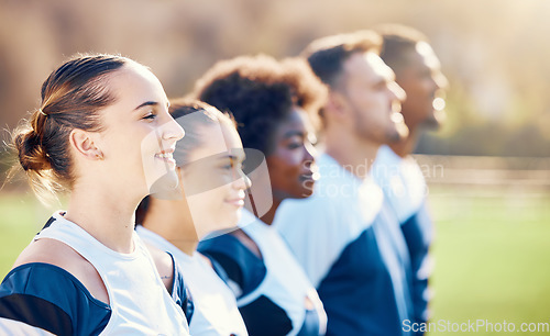 Image of Cheerleaders, sports line or people cheerleading with support, hope or faith on field in match game. Team spirit, blurry or happy young group of athletes with pride or solidarity standing together