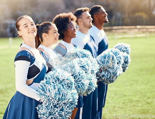 Image of Cheerleader portrait, sports line or people cheerleading with support, hope or faith on field in match game. Team spirit, blurry or happy group of athletes with pride or solidarity standing together