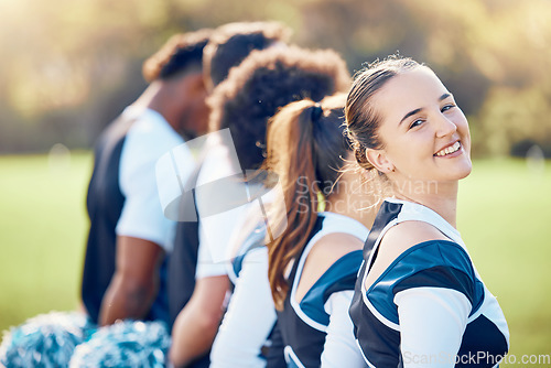 Image of Cheerleader portrait, start or girl cheerleading in huddle with support, hope or faith on field in line. Team spirit, smile or happy cheerleading sports group with pride, goals or solidarity together
