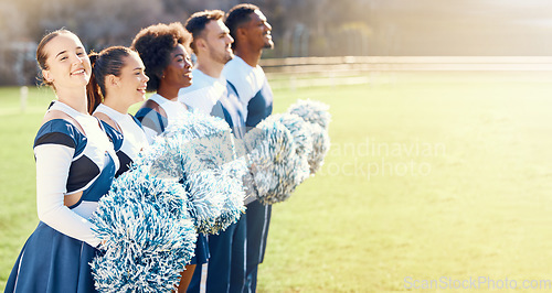 Image of Cheerleader, stadium field or people cheerleading in huddle with support, hope or faith in game or line. Mock up, sports or group of cheerleaders with pride, motivation or team solidarity together