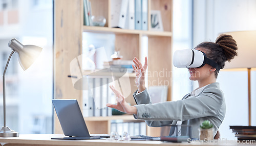 Image of VR, laptop and woman in office interaction, futuristic software and cyberpunk experience in online business. Virtual reality glasses, high tech and electronics of professional person in 3D metaverse