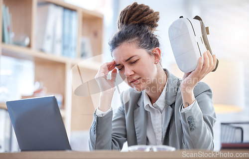 Image of Woman, headache and virtual reality glasses with stress, burnout and worker in workplace. Female employee, manager or administrator with vr, pain or depression with fatigue, frustrated or technology