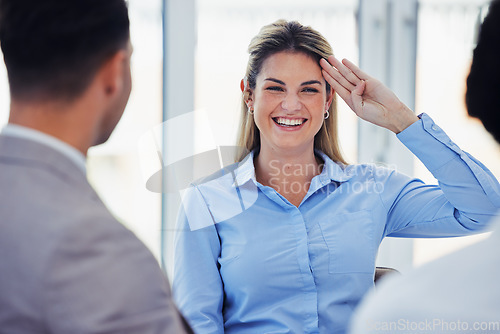 Image of Business woman, smile and salute in office in meeting with people in company workplace. Welcome, corporate or happy female employee laughing and saluting for greeting, hello and respect for employees