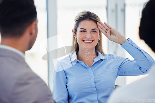 Image of Business woman, smile and salute for greeting, meeting or respect in services at office. Happy corporate woman employee saluting and smiling in welcome, hello or introduction with people at workplace