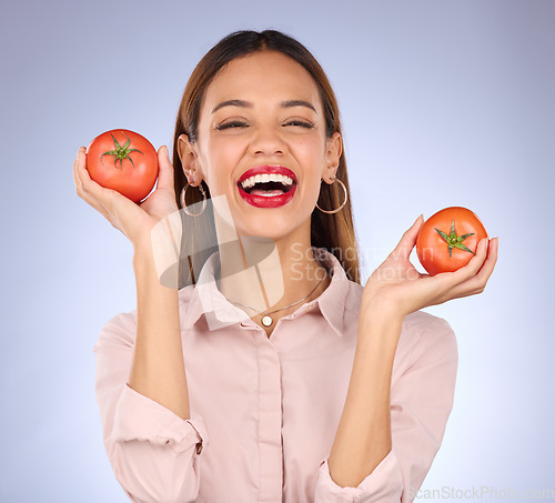 Image of Portrait, black woman and tomatoes for diet, vegan and healthy lifestyle against a grey studio background. Face, Jamaican female and lady with red vegetables, aesthetics and wellness with happiness
