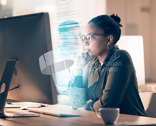 Image of Overlay, programming and code with a black woman developer thinking while working on a ux, ai or 3d interface. Computer, software and data with a female employee or programmer coding an app at work