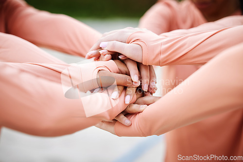 Image of Teamwork, hands together and collaboration for sports, team building or motivation. Solidarity, unity and group of women or athletes huddle for goals, targets or support, union or volleyball training