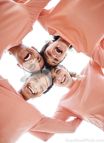 Image of Happy, circle and portrait of women from the bottom with diversity, unity and community. Happiness, smile and multiracial female friends laughing, bonding and standing together by a white background.