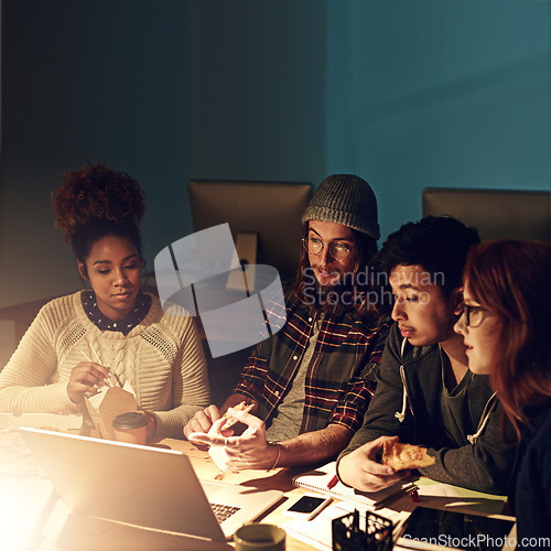 Image of College teamwork, laptop and night students working on web search for university research, digital IT database or project. Education learning, school study or diversity people review of online report