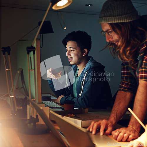 Image of Coworking office, computer or night students working on web search for university research, digital IT database or project. Education learning, school study or diversity people review online software