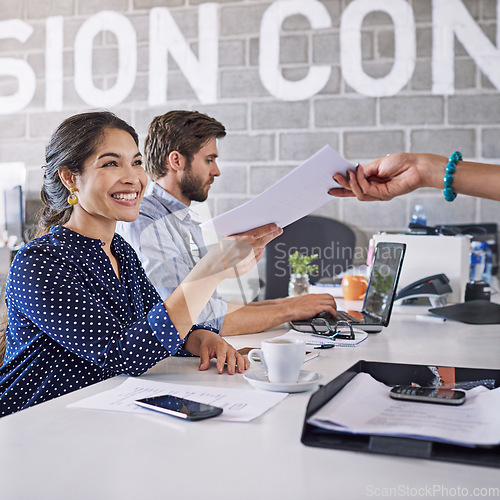 Image of Woman in office teamwork giving documents for business proposal, startup mission and career workflow management. Collaboration, planning and paperwork of administration people or manager in workspace