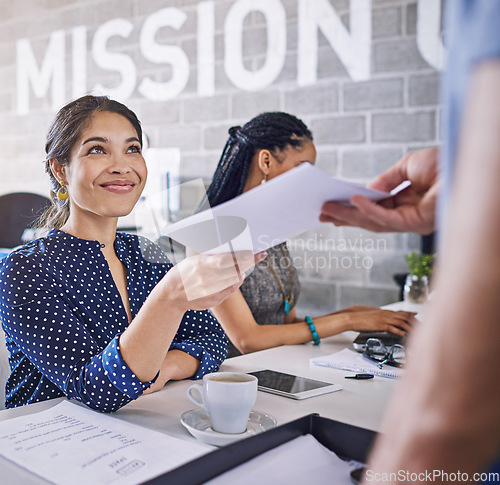 Image of Happy woman in office giving documents for business proposal, startup mission and career workflow management. Teamwork, planning and paperwork of administration woman or person in coworking workspace