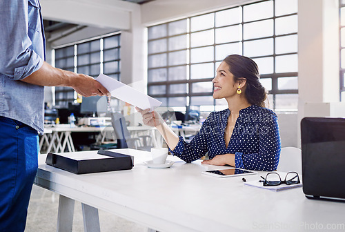 Image of People in office giving documents for business coworking, startup planning and career workflow management. Project proposal, job application and paperwork of administration woman or person with smile