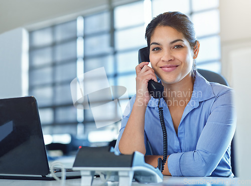 Image of Phone call communication, office portrait and woman talking to business investment, agent or investment contact. Receptionist conversation, company secretary or consultant consulting on telephone