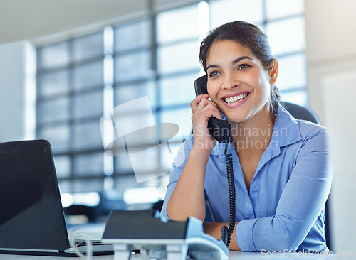 Image of Telephone, office and business woman, secretary or communication worker talking, helping and support. Professional corporate person or employee phone call discussion for contact us or job information