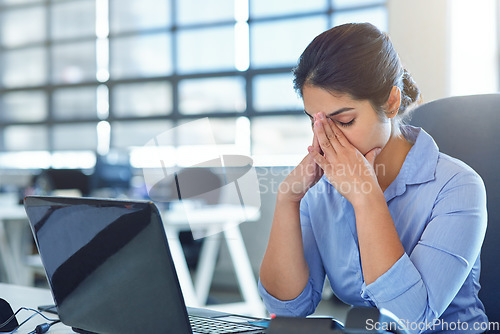 Image of Business woman, job stress and headache of a office worker feeling fatigue from tax project. Audit anxiety, online work and burnout of a Indian female working on a laptop with a 404 problem from web