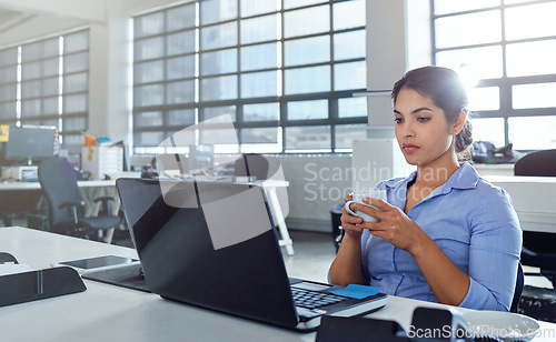 Image of Serious, office laptop or woman reading financial savings, digital finance budget or accounting review. Administration database, tea drink or accountant thinking of data of feedback statistics