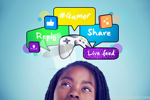 Image of Boy gamer, speech bubble or gaming app icons for social media, online networking or digital communication. Thinking, controller or emojis graphic with sharing or like sign on video games technology