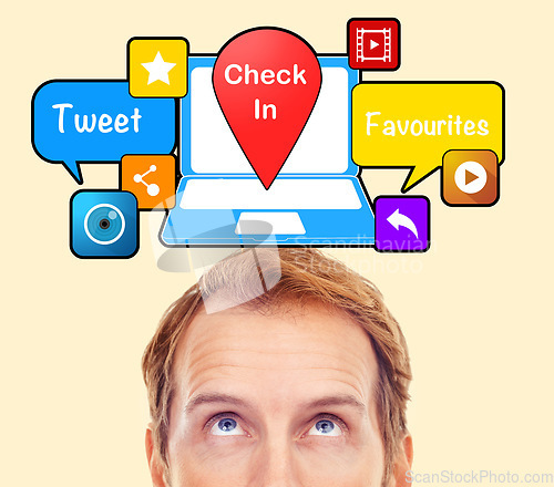 Image of Man, laptop or app icons in studio for online networking, computer data or digital communications. Website blog, IoT or social media graphic with music, location or share sign for video technology