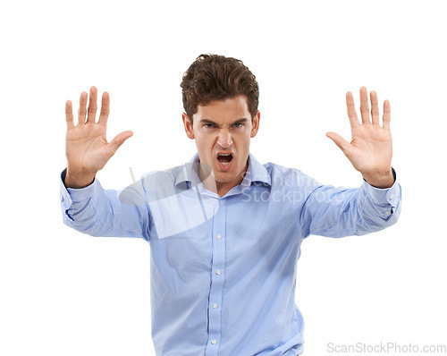 Image of Business man, hands and stop sign portrait angry, frustrated and shouting for warning. Model person isolated on a white background with hand emoji for conflict, discrimination or equality fight