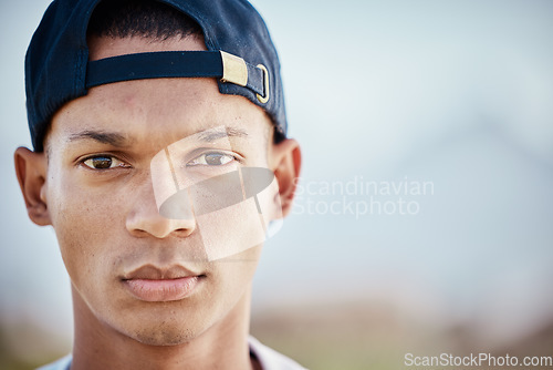 Image of Serious, man and baseball player portrait on pitch, field or sports grounds with game, match or competition mindset on mockup, Zoom, face and softball athlete in fitness, exercise or training stadium