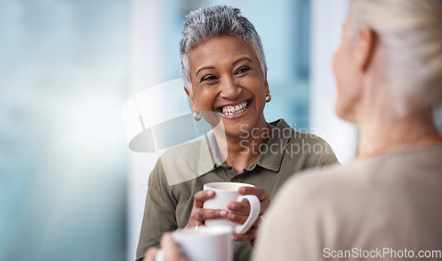 Image of Mockup, senior women and coffee with friends, reunion and happiness with achievement, relax and conversation. Mature females, ladies and tea with discussion, smile and catch up on break and talking