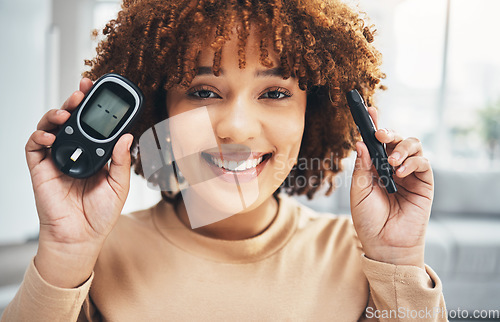 Image of Diabetes, blood test and portrait of black woman in living room for glucose levels, medical and technology. Digital, healthcare and monitor with girl patient at home for medicine, machine and check