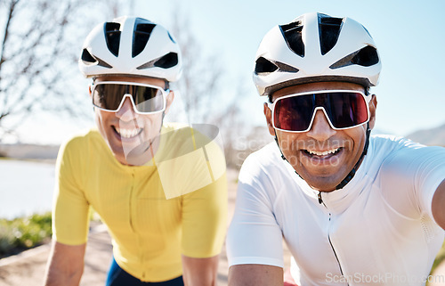 Image of Cycling, fitness and selfie with friends in park for sports, social media and teamwork training. Health, smile and happy with portrait of men on bike in outdoors for picture, workout and adventure