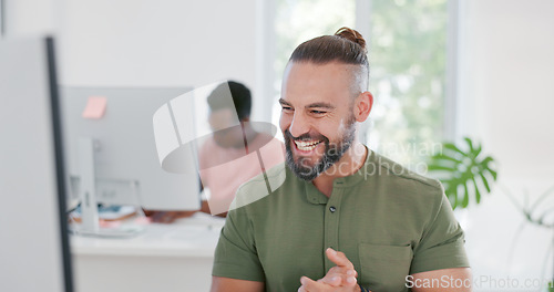 Image of Computer, success and applause of business man celebrating goals, targets or office achievements. Winner, yes victory and male employee clapping to celebrate winning on stock market, bonus or reward