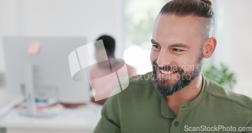 Image of Employee, laughing and worker is happy or businessman at work in the office at a startup smiling and with a positive mindset. Mockup, entrepreneur and person smiling and working in the workplace