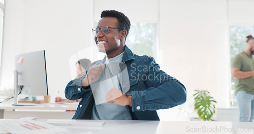 Image of Dance, success and happy black man at work to celebrate a win, achievement and bonus. Smile, cheerful and African employee dancing for business celebration, excited and happiness at a workspace