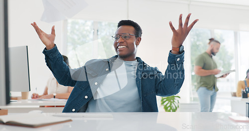 Image of Celebration, dance and black man throw paper in office to celebrate goals, targets or achievement. Winner, documents in air and happy male employee dancing, celebrating business success and victory.