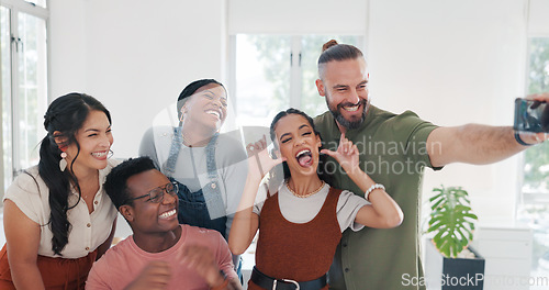 Image of Group selfie, hand gesture and business people in office taking pictures for social media. Comic face, blowing kiss and friends, men and women with peace sign taking photo together for happy memory.