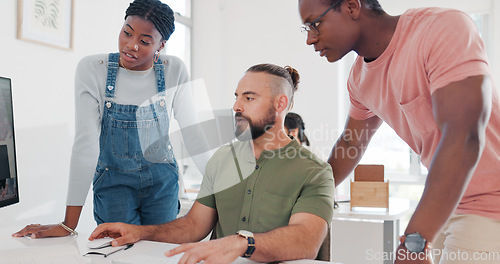 Image of Training, coaching and business people with computer in office for helping coworker with project. Teamwork, collaboration or group of employees on pc teaching man with question, talking and mentoring