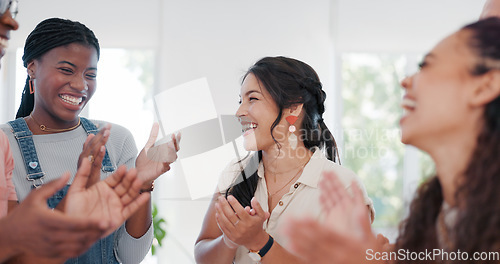 Image of Winner, applause and success with a business team clapping together in their office for motivation. Wow, growth and partnership with a man and woman employee group in celebration of a goal or target