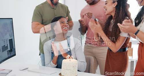 Image of Birthday, celebration and team or office people for love, congratulations and success for creative, fun work culture. Announcement, clapping and celebrate employees or black woman promotion with cake