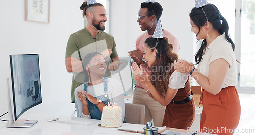 Image of Birthday, celebration and team or office people for love, congratulations and success for creative, fun work culture. Announcement, clapping and celebrate employees or black woman promotion with cake