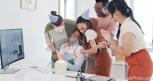 Image of Birthday, celebration and team or office people for love, congratulations and success for creative, fun work culture. Announcement, clapping and celebrate employees or black woman promotion with cake