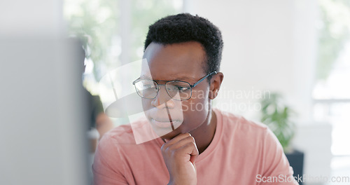 Image of Thinking, idea or black man computer solution for 404 programming glitch or erp coding error. Information technology, developer or programmer repair cloud computing code or cyber security software