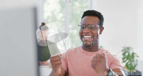 Image of Computer, celebration and excited black man happy for ERP software, cyber security system or coding success. Information technology, ai developer or programmer cheer for code programming achievement