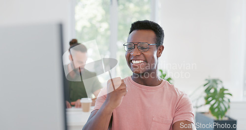 Image of Computer, celebration and excited black man happy for ERP software, cyber security system or coding success. Information technology, ai developer or programmer cheer for code programming achievement