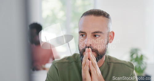 Image of Computer, thinking or business man hope for finance profit, stock market growth or investment success. Economy, online stock exchange or startup trader wait for bitcoin, forex or NFT trading feedback