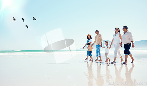 Image of Black family, mockup or children walking on the beach with their parents and grandparents during summer vacation. Sky, love or kids with senior people and grandchildren taking a walk on the sand