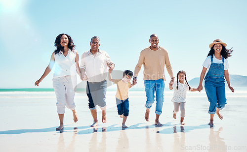 Image of Portrait, family holding hands and walking on beach, quality time and bonding together. Face, parents and children with grandchildren, seaside vacation and holiday with happiness, love and traveling