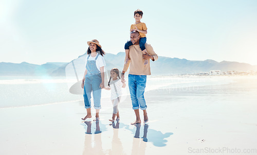 Image of Love, family and walking on beach, summer vacation and quality time on break, relax and happiness. Mother, father and children on seaside holiday, mockup and smile with joy, adventure and journey