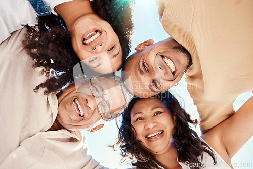 Image of Portrait, black family or huddle with senior parents and adult children standing in a circle together from below. Face, sky or love with a mature man and woman bonding with their son or daughter