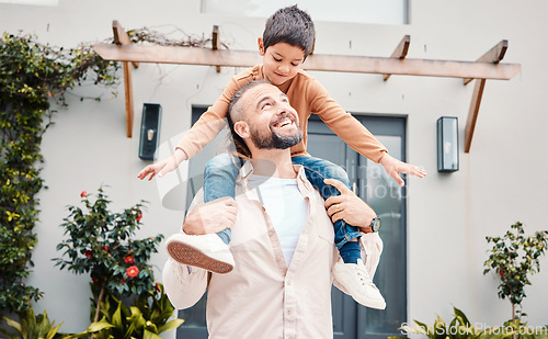Image of Love, father carry son and outdoor for quality time, garden and happiness for bonding, playful and relax. Family, dad or boy on shoulders, loving and care outside, break or carefree together or smile