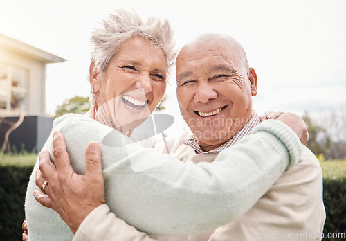 Image of Portrait, love and senior coupe hug, outdoor and happiness for relationship, romance and anniversary. Face, happy mature man and old woman embrace, outside and romantic with smile, loving and bonding