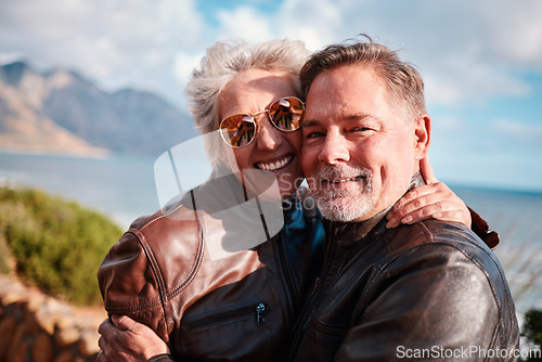 Image of Travel, smile and portrait of senior couple enjoying holiday, adventure and vacation in countryside. Retirement, love and happy old man and woman in Italy for bonding, quality time and relax together